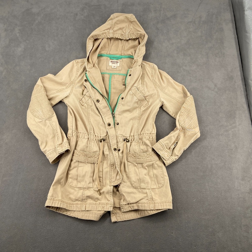 Y2K Mossimo Supply Co Jacket Sz M Tan Cotton Elbow‎ Patches Snap Front Hooded